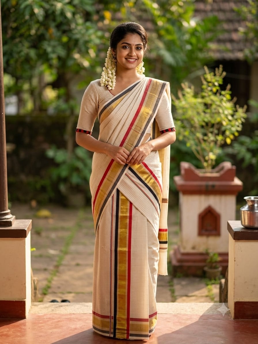 Premium Cotton Set Mundu – Traditional Kerala Kasavu (Red, Black & Gold Border)