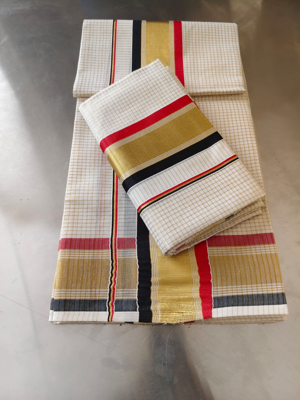 Premium Cotton Set Mundu – Traditional Kerala Kasavu (Red, Black & Gold Border)